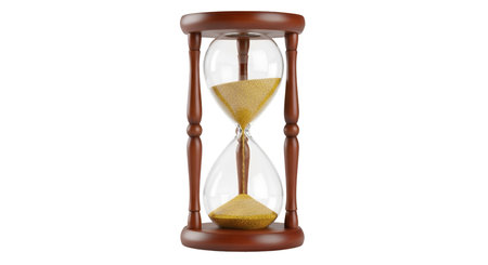A classic wooden hourglass with clear glass bulbs is shown against a dark background. Golden sand is...