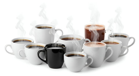 A collection of various coffee mugs filled with hot beverages, emitting wisps of steam. The mugs are...