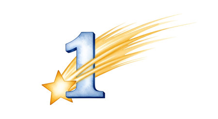A blue numeral 1 is depicted with a golden star attached to its lower left side. A bright golden...