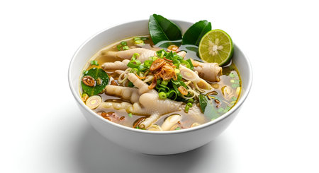 A white bowl filled with a steaming bowl of chicken feet soup. The broth is clear and garnished with...