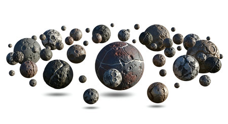 A collection of irregularly shaped, cracked spheres resembling asteroids or small celestial bodies...