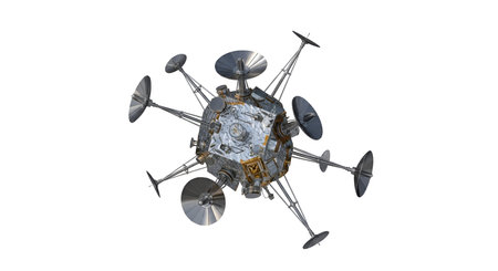 A highly detailed 3D rendering of a complex space probe is presented against a clean white...