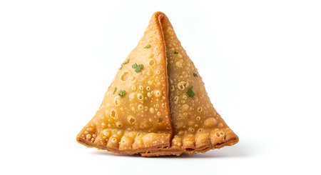 A single, golden-brown fried samosa is presented against a white background. The triangular pastry...