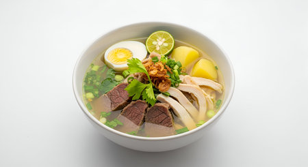 A steaming bowl of hearty soup is presented against a white background. The broth contains slices of...