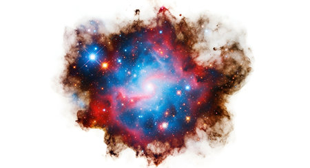 A vibrant and colorful nebula is depicted against a white background. The cosmic cloud displays...
