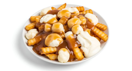 A close-up view of a white plate filled with poutine. Crinkle-cut french fries are topped with...