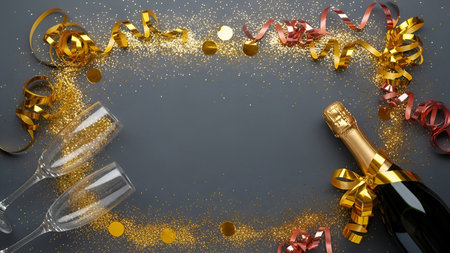 Champagne bottle and glasses on dark background with golden confetti. Top view with copy space