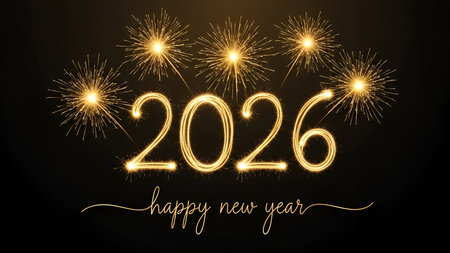 Happy New Year with sparklers on black background. Vector illustration.