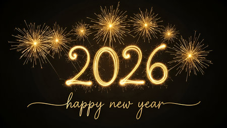 Happy New Year 2016. Gold fireworks on black background. Vector illustration.