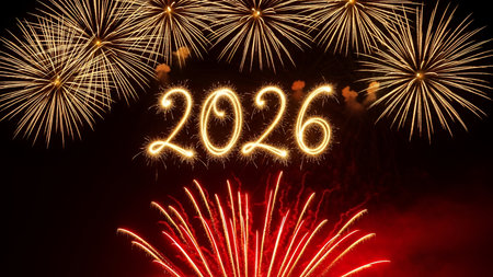 Happy new year 2016 written with Sparkle firework over dark sky background