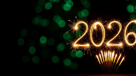 Happy new year written with Sparkle firework on bokeh background