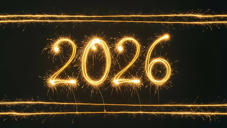 Happy new year 2026 written with Sparkle firework on black background.