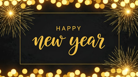 Happy New Year text design with golden bokeh lights and fireworks