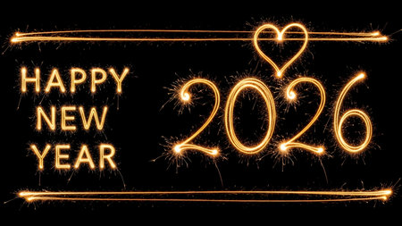 Happy new year 2016 written with Sparkle firework and heart shape on black background
