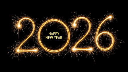 Happy new year written with Sparkle firework isolated on black background