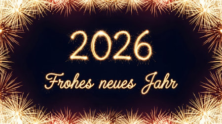Happy New Year written with Sparkle firework on black background.
