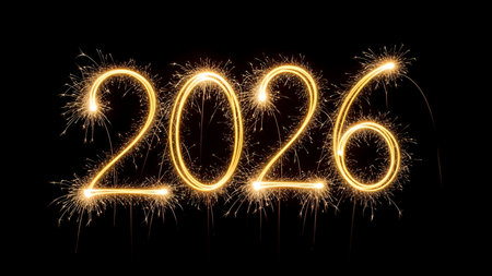 Happy new year written with Sparkle firework isolated on black background