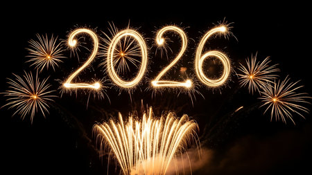 Happy new year written with Sparkle firework on black sky background