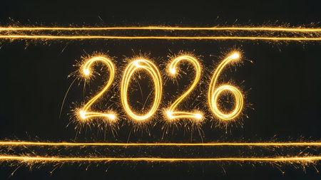 Happy new year written with Sparkle firework on black background.の写真素材