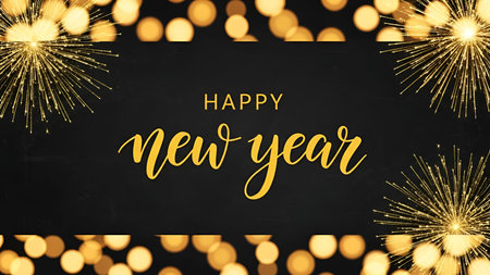 Happy New Year card with golden fireworks on black chalkboard background.