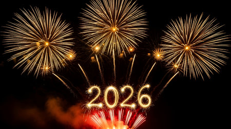 Happy new year 2016 written with Sparkle firework on black sky background