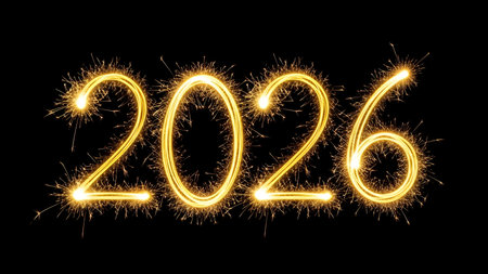 Happy new year written with Sparkle firework isolated on black background