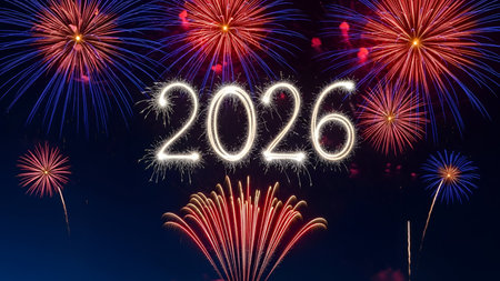 Happy new year written with Sparkle firework at night celebration background