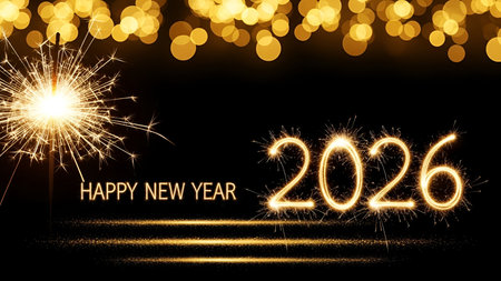 Happy new year written with Sparkle firework on black background.