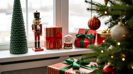 Christmas presents and ornaments on a windowsill with a decorated treeの写真素材