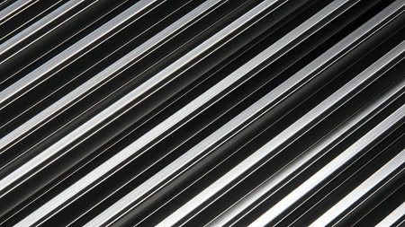 This is an abstract close-up of metallic stripes arranged diagonally. The surface features alternating bands of polished silver and dark grey or black, creating a strong sense of depth and reflection. The clean, parallel lines and the interplay of light and shadow suggest a modern, industrial, or technological theme.の写真素材