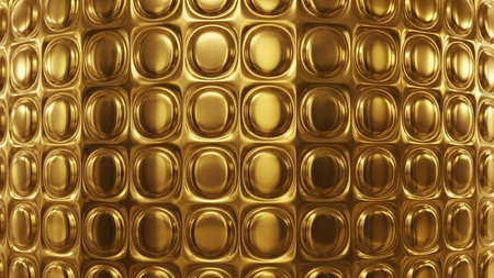 A detailed, close-up view of a repeating geometric pattern made of gold. The surface is composed of...