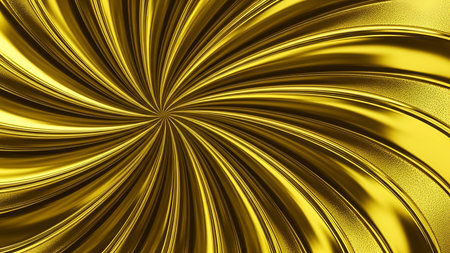 A vibrant, abstract background featuring a golden, swirling pattern with radial lines emanating from the center. The metallic surface is highly reflective, with smooth, curved lines creating a sense of organic flow and dynamic energy. The bright gold color and polished texture give it a luxurious feel.の写真素材