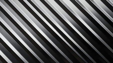 An abstract background composed of parallel, diagonal metallic stripes. The stripes alternate between shades of silver, grey, and black, creating a strong visual contrast. Light reflects off the metallic surfaces, casting subtle shadows and highlighting the brushed texture of the material. The pattern is sharp and geometric.の写真素材