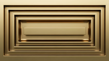 A close-up view of a series of nested golden rectangles forming a decorative frame or panel. Each successive rectangle is set deeper than the last, creating distinct shadows and highlights that emphasize the polished metallic surface. The overall impression is one of luxury, symmetry, and geometric precision.の写真素材