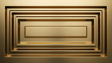This image features a series of nested rectangular frames rendered in a polished, reflective gold material. The frames are arranged concentrically, creating a sense of depth and dimension. The smooth, lustrous surface catches the light, highlighting the geometric precision and luxurious aesthetic of the design.の写真素材