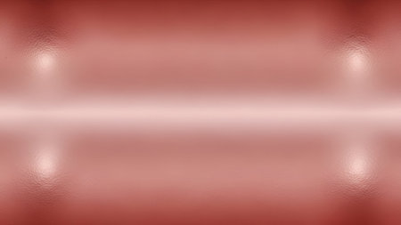 A rose gold metallic surface with a soft, brushed texture. Diffused light creates subtle highlights on the left and right sides, with a brighter horizontal band in the center. The overall effect is elegant and modern, with a warm, reflective glow.の写真素材