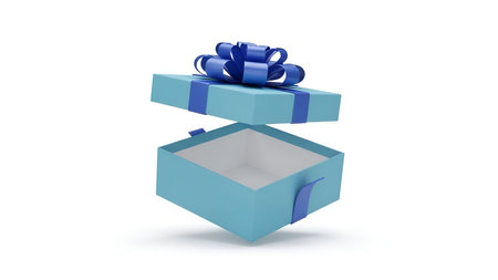 An open light blue gift box with its lid slightly ajar is presented against a white background. A...