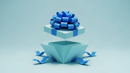 An open light blue gift box with a floating lid and a blue ribbon tied in a bow is depicted against...