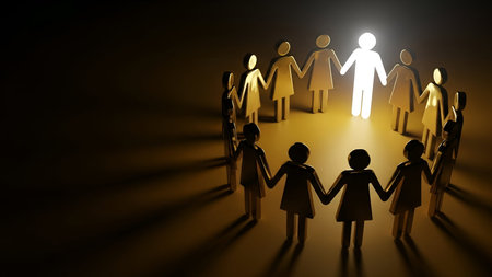 A group of stylized human silhouettes are holding hands in a circle. One figure in the circle is...