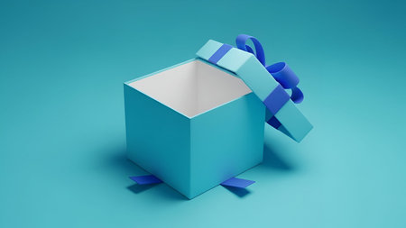 An open, cube-shaped gift box in a bright cyan color sits on a solid teal background. The lid is...