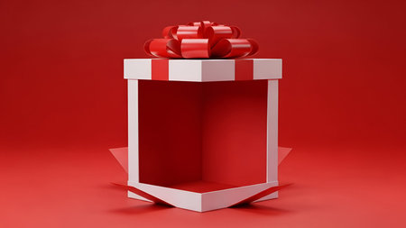 Image showing open red and white gift box on red background. Clear details and vibrant colors...