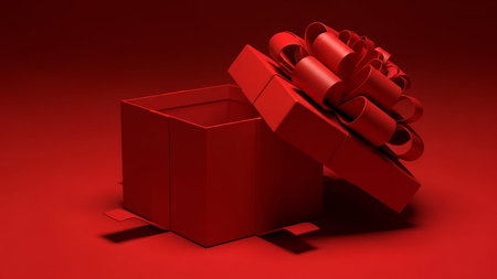 Image showing open red gift box with large red bow in red environment. Clear details and vibrant colors enhance visual appeal.の写真素材
