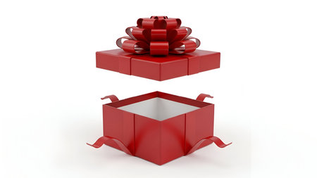 An open red gift box is presented on a clean white background. The red lid, complete with a large,...