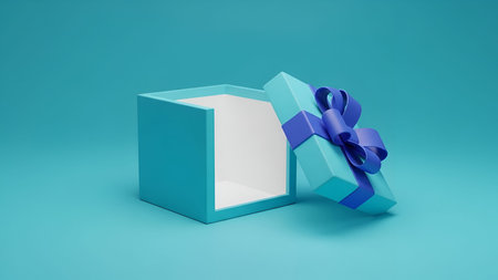 Image showing open turquoise gift box with blue ribbon. High resolution image suitable for...