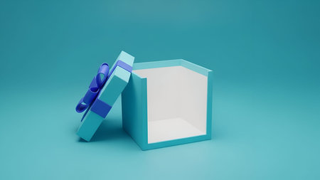 An open, cubic teal gift box with a light blue interior is presented against a solid teal...