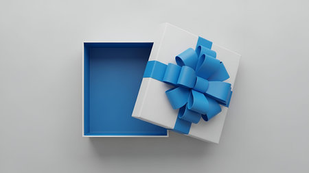 An open white gift box with a vibrant blue ribbon and a large, decorative bow is shown from a...