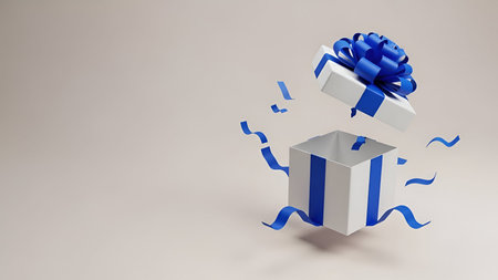 An open white gift box with blue stripes and a blue ribbon is depicted floating against a soft,...