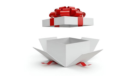 An open white gift box with a red ribbon and bow is presented on a clean white background. The lid...