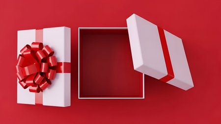 Image showing open white gift box with red bow on red background. High resolution image suitable for...