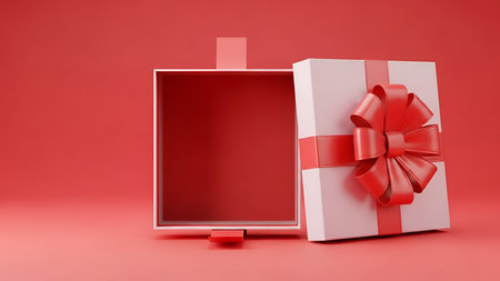 A white gift box with a prominent red ribbon and bow is shown open against a solid red background....